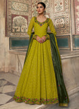Delightful Lime Green Georgette Embroidered Work Gown