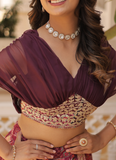 Delightful Russian Silk Digital Print Foil Work Wine Crop Top Lehenga