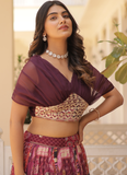 Delightful Russian Silk Digital Print Foil Work Wine Crop Top Lehenga