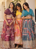 Delightful Russian Silk Digital Print Foil Work Wine Crop Top Lehenga