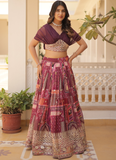 Delightful Russian Silk Digital Print Foil Work Wine Crop Top Lehenga