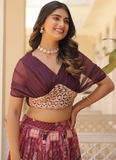 Delightful Russian Silk Digital Print Foil Work Wine Crop Top Lehenga