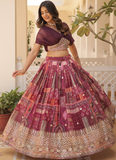 Delightful Russian Silk Digital Print Foil Work Wine Crop Top Lehenga