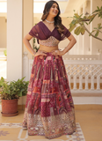 Delightful Russian Silk Digital Print Foil Work Wine Crop Top Lehenga