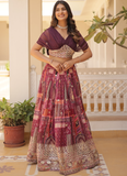 Delightful Russian Silk Digital Print Foil Work Wine Crop Top Lehenga