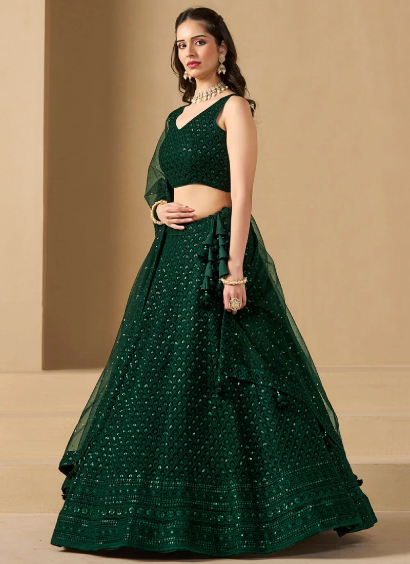 Delightful Bottle Green Sequins Embroidered Lehenga Choli For Mehendi