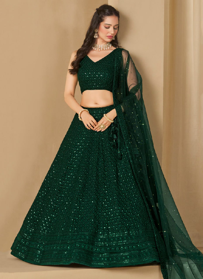 Delightful Bottle Green Sequins Embroidered Lehenga Choli For Mehendi