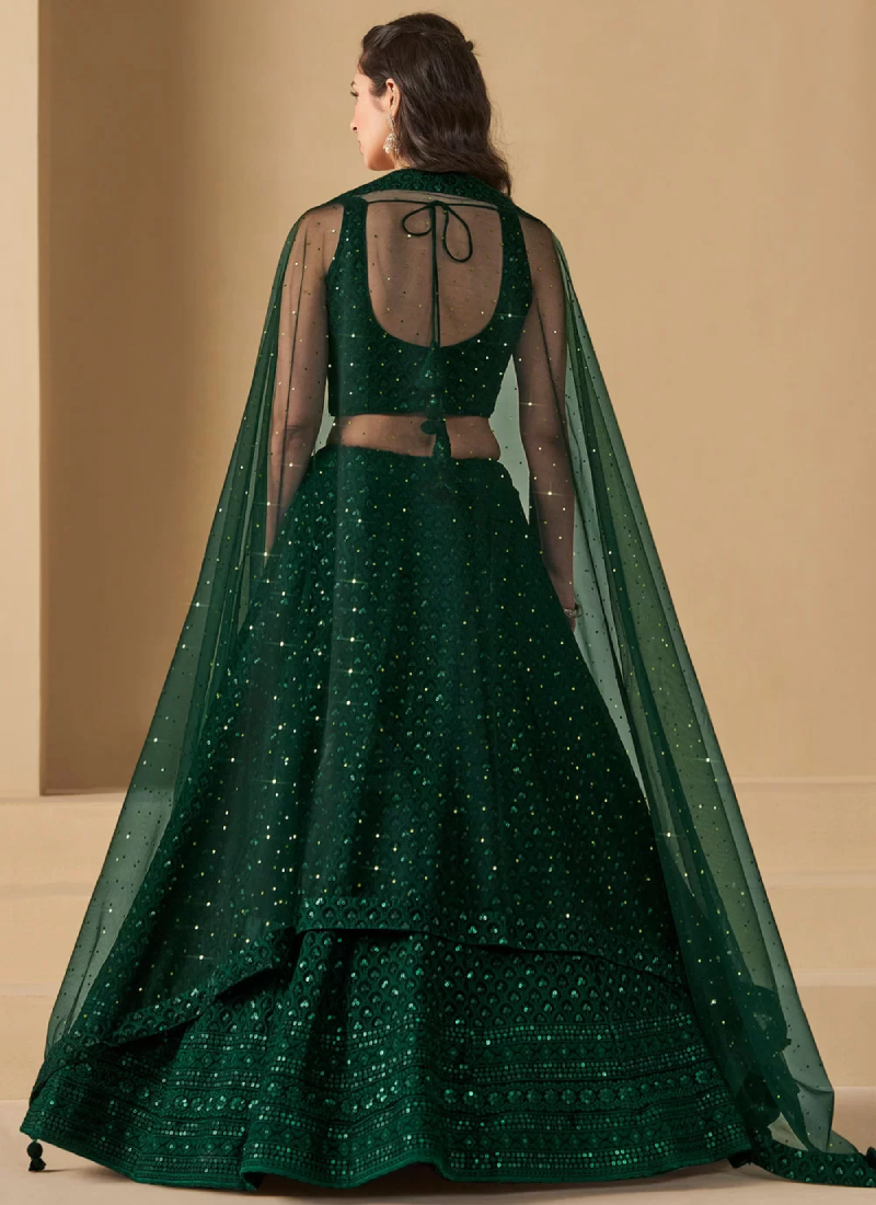 Delightful Bottle Green Sequins Embroidered Lehenga Choli For Mehendi