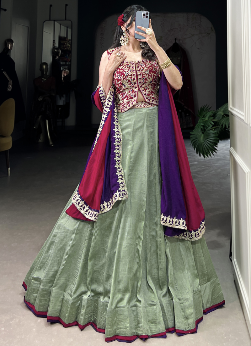 Delightful Thread Embroidered Pista Green Vichitra Silk Lehenga Choli