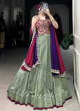 Delightful Thread Embroidered Pista Green Vichitra Silk Lehenga Choli