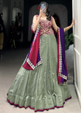 Delightful Thread Embroidered Pista Green Vichitra Silk Lehenga Choli
