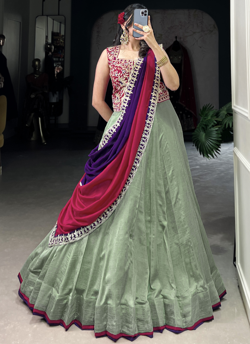 Delightful Thread Embroidered Pista Green Vichitra Silk Lehenga Choli
