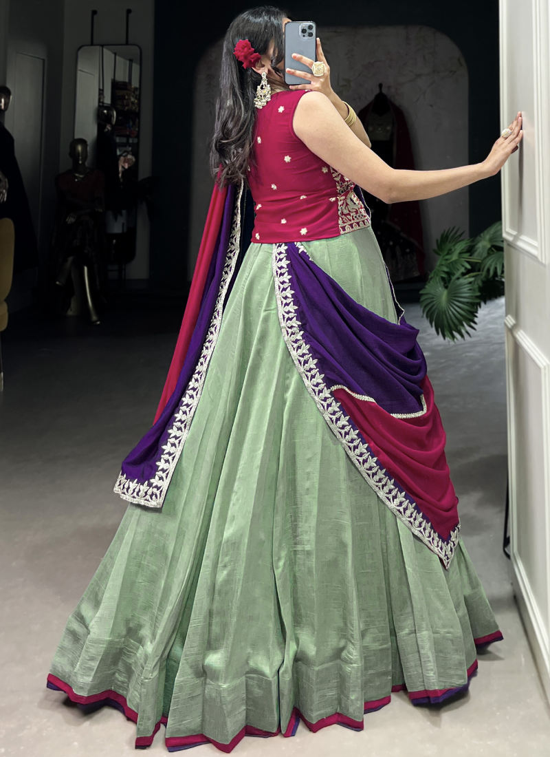 Delightful Thread Embroidered Pista Green Vichitra Silk Lehenga Choli