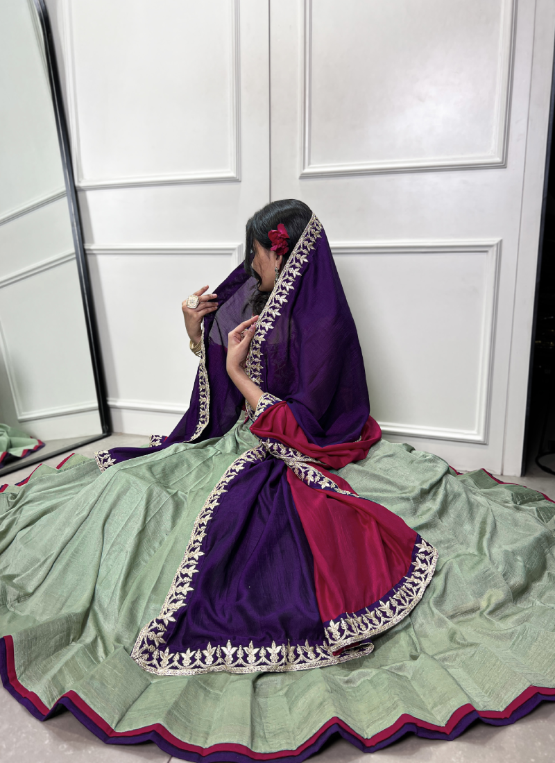 Delightful Thread Embroidered Pista Green Vichitra Silk Lehenga Choli