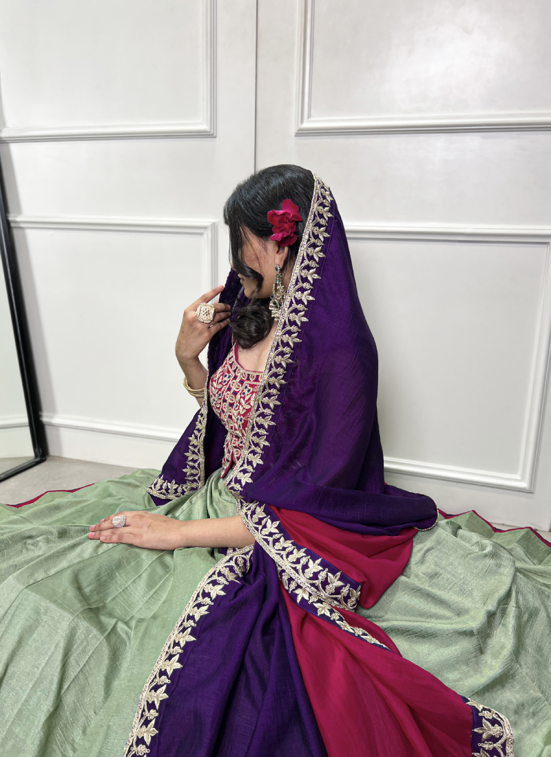 Delightful Thread Embroidered Pista Green Vichitra Silk Lehenga Choli