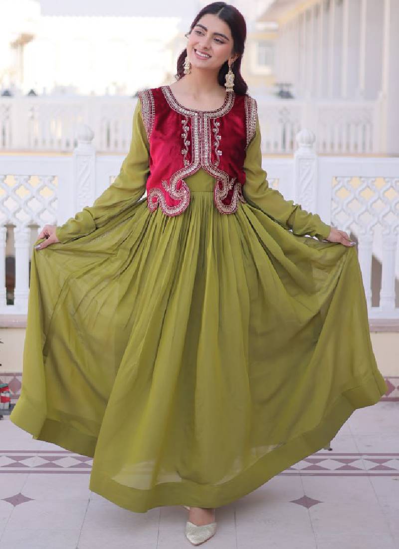 Designer Chanderi Silk Parrot Green Plain Gown With Embroidered Jacket