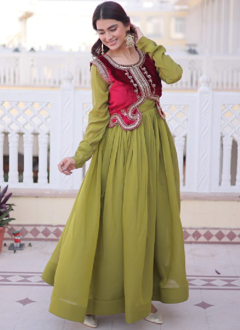 Designer Chanderi Silk Parrot Green Plain Gown With Embroidered Jacket