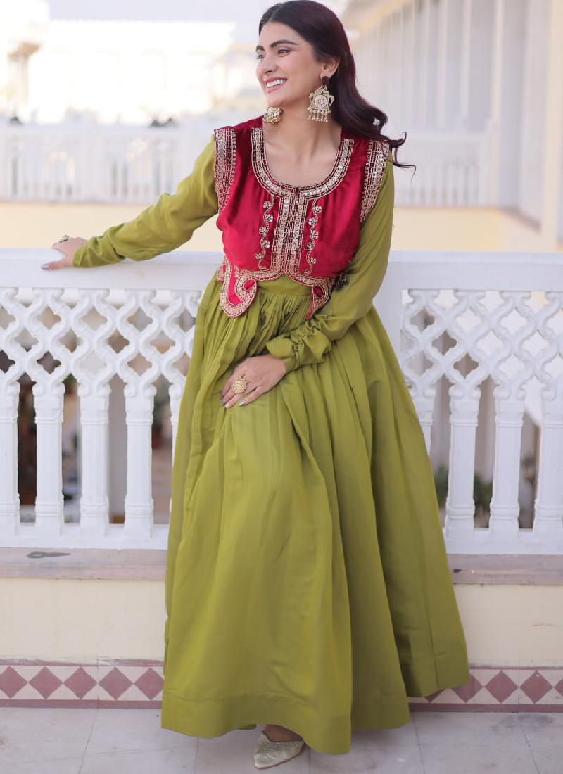 Designer Chanderi Silk Parrot Green Plain Gown With Embroidered Jacket