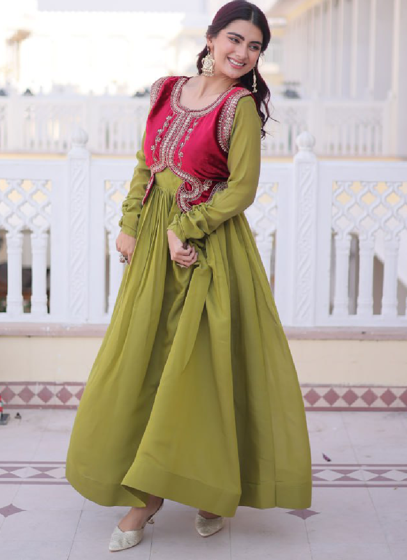 Designer Chanderi Silk Parrot Green Plain Gown With Embroidered Jacket