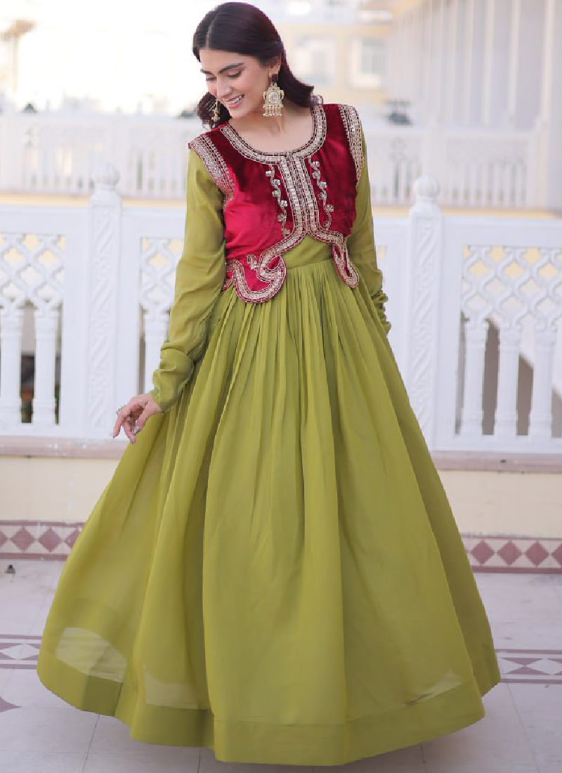 Designer Chanderi Silk Parrot Green Plain Gown With Embroidered Jacket