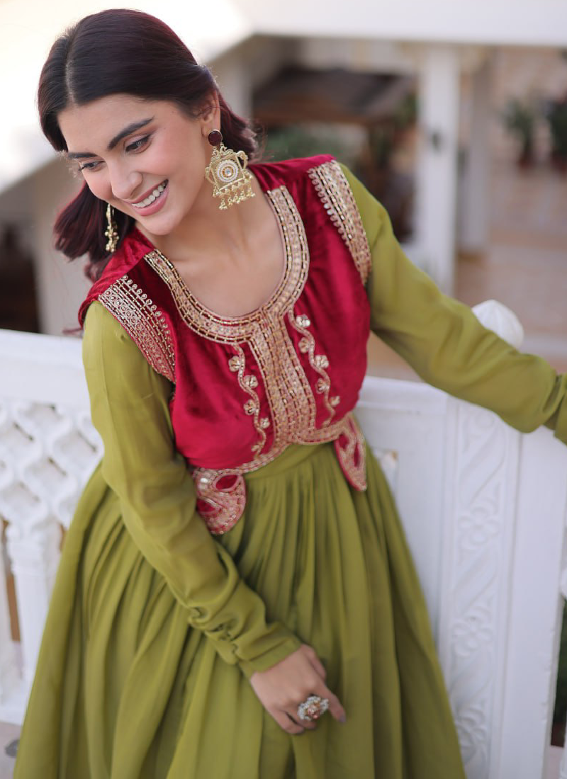 Designer Chanderi Silk Parrot Green Plain Gown With Embroidered Jacket
