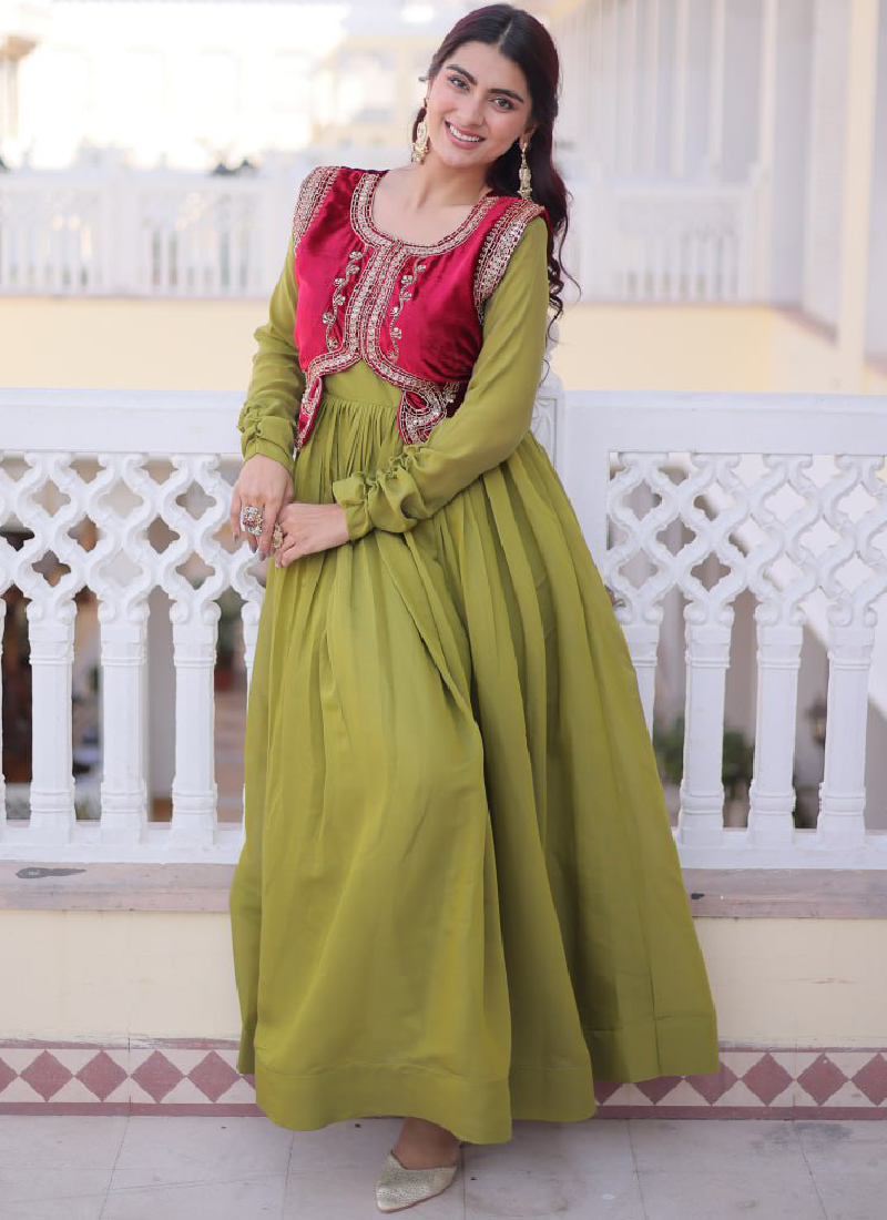 Designer Chanderi Silk Parrot Green Plain Gown With Embroidered Jacket