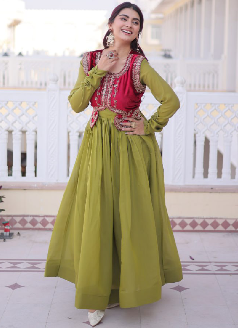 Designer Chanderi Silk Parrot Green Plain Gown With Embroidered Jacket