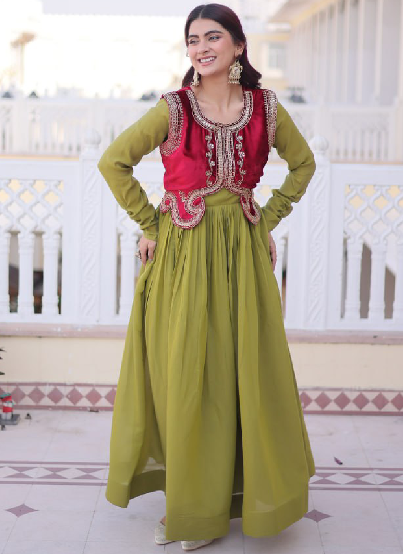 Designer Chanderi Silk Parrot Green Plain Gown With Embroidered Jacket
