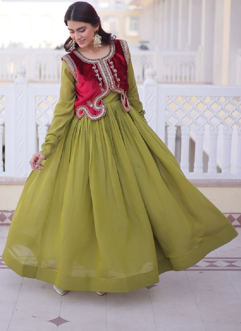 Designer Chanderi Silk Parrot Green Plain Gown With Embroidered Jacket