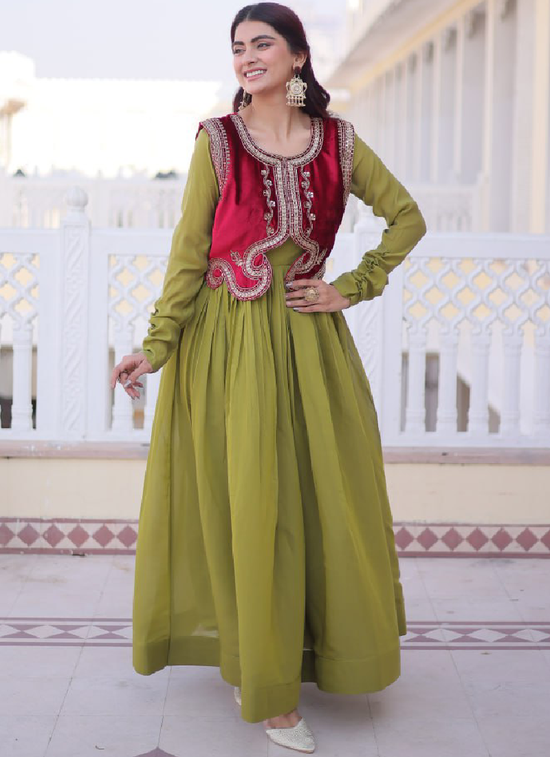 Designer Chanderi Silk Parrot Green Plain Gown With Embroidered Jacket