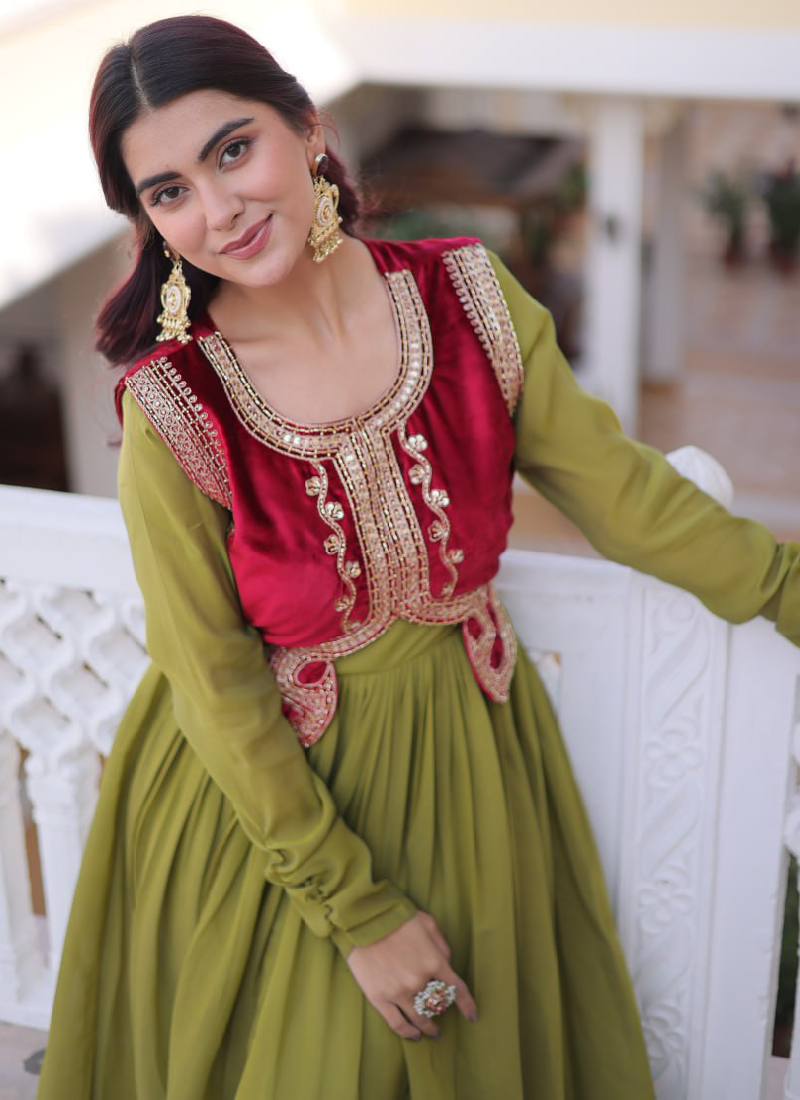Designer Chanderi Silk Parrot Green Plain Gown With Embroidered Jacket