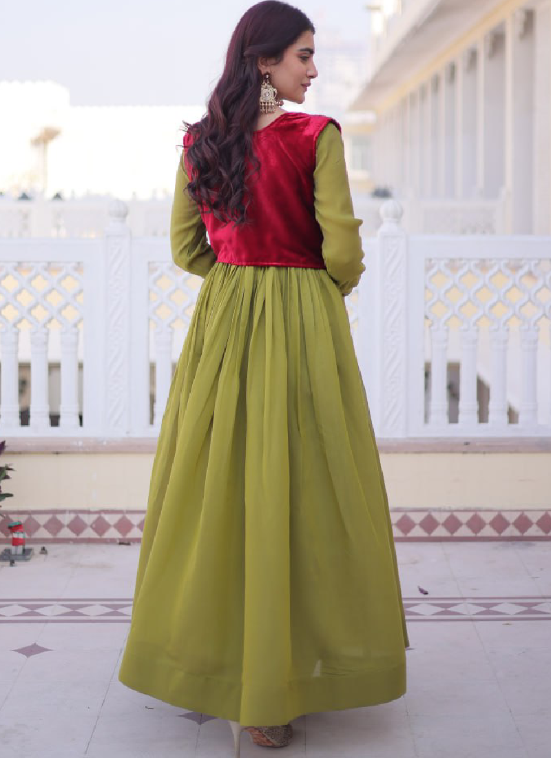 Designer Chanderi Silk Parrot Green Plain Gown With Embroidered Jacket