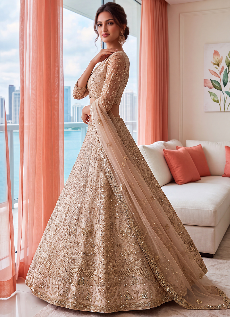 Designer Embroidery Sequence Beige Net Lehenga Choli For Function