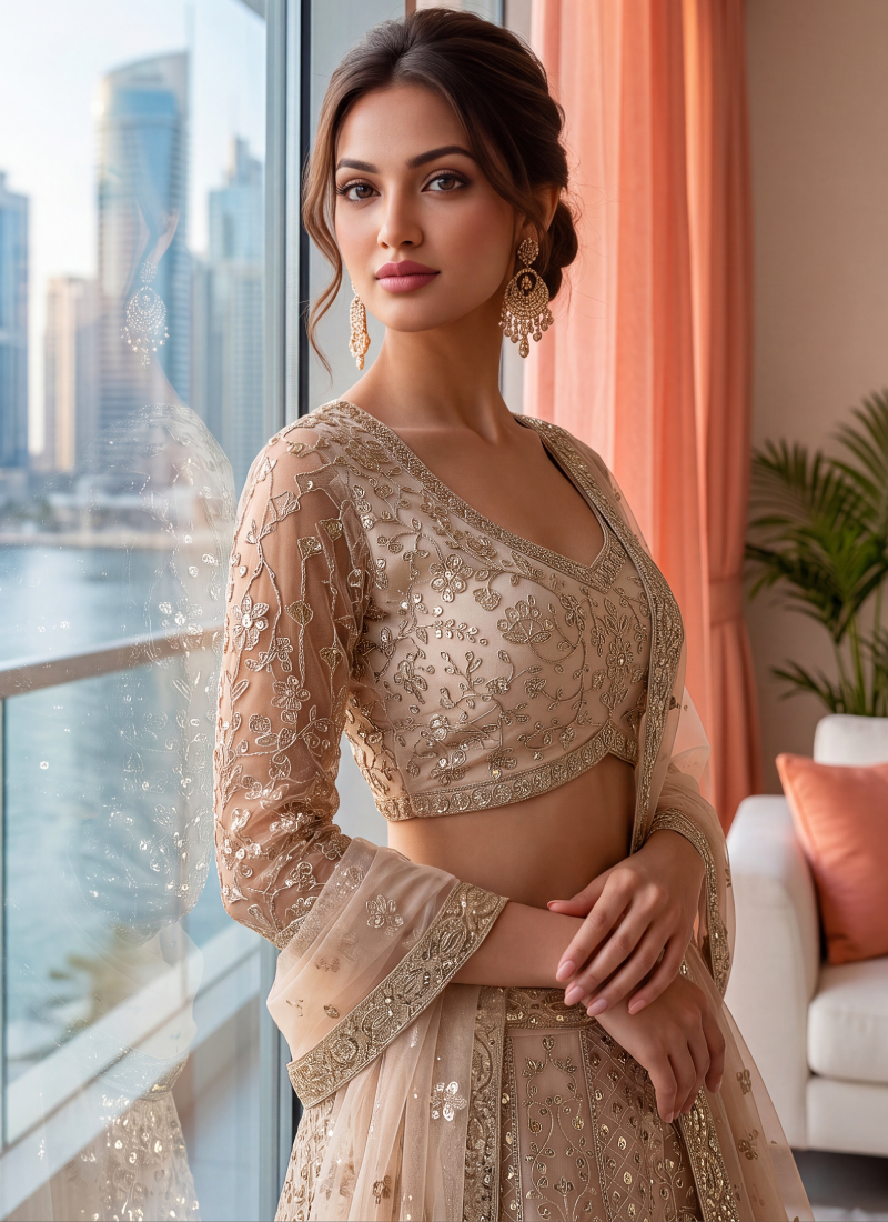 Designer Embroidery Sequence Beige Net Lehenga Choli For Function