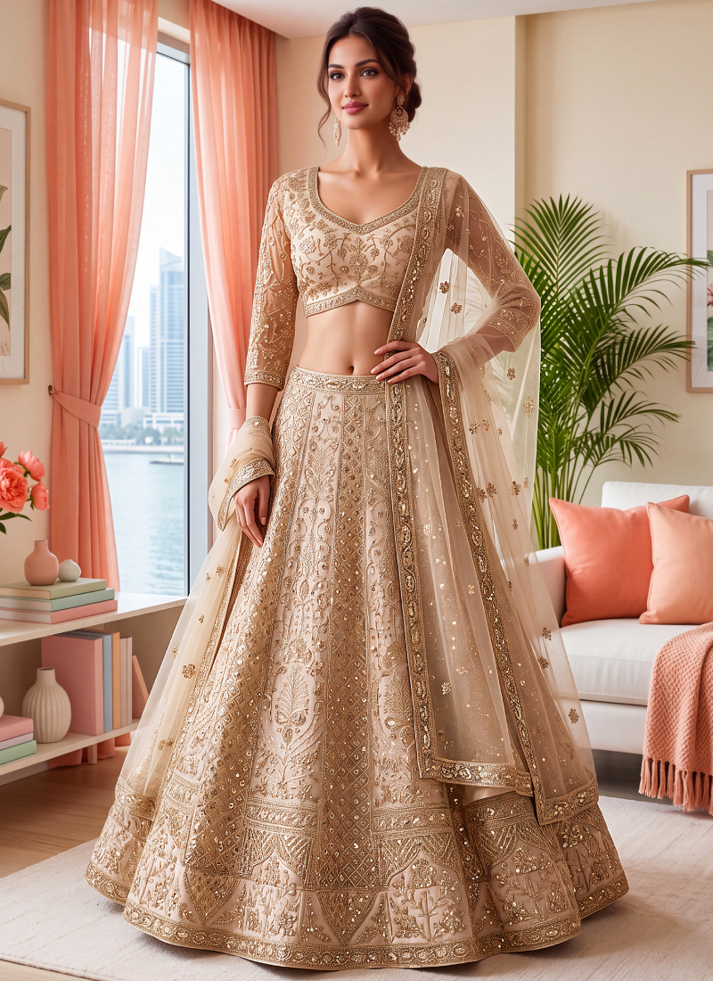 Designer Embroidery Sequence Beige Net Lehenga Choli For Function