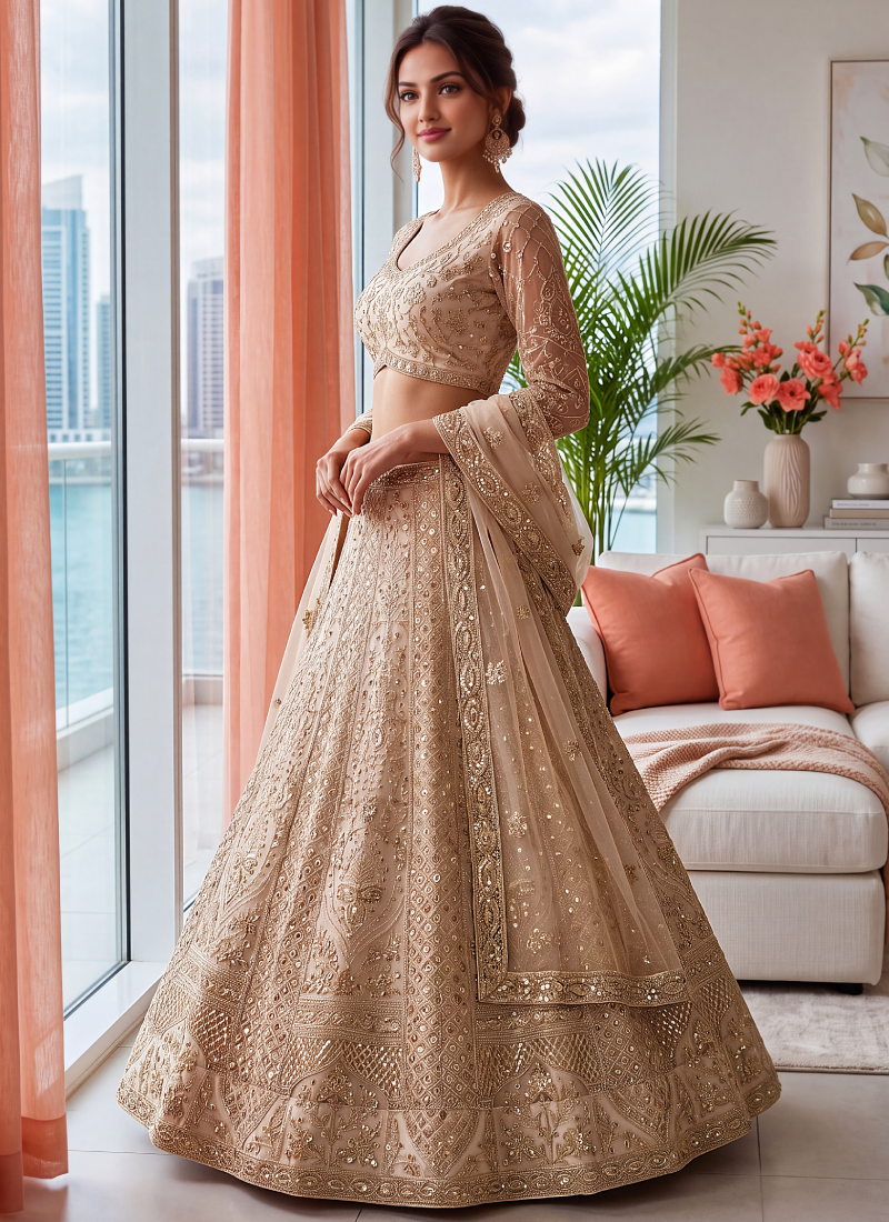 Designer Embroidery Sequence Beige Net Lehenga Choli For Function