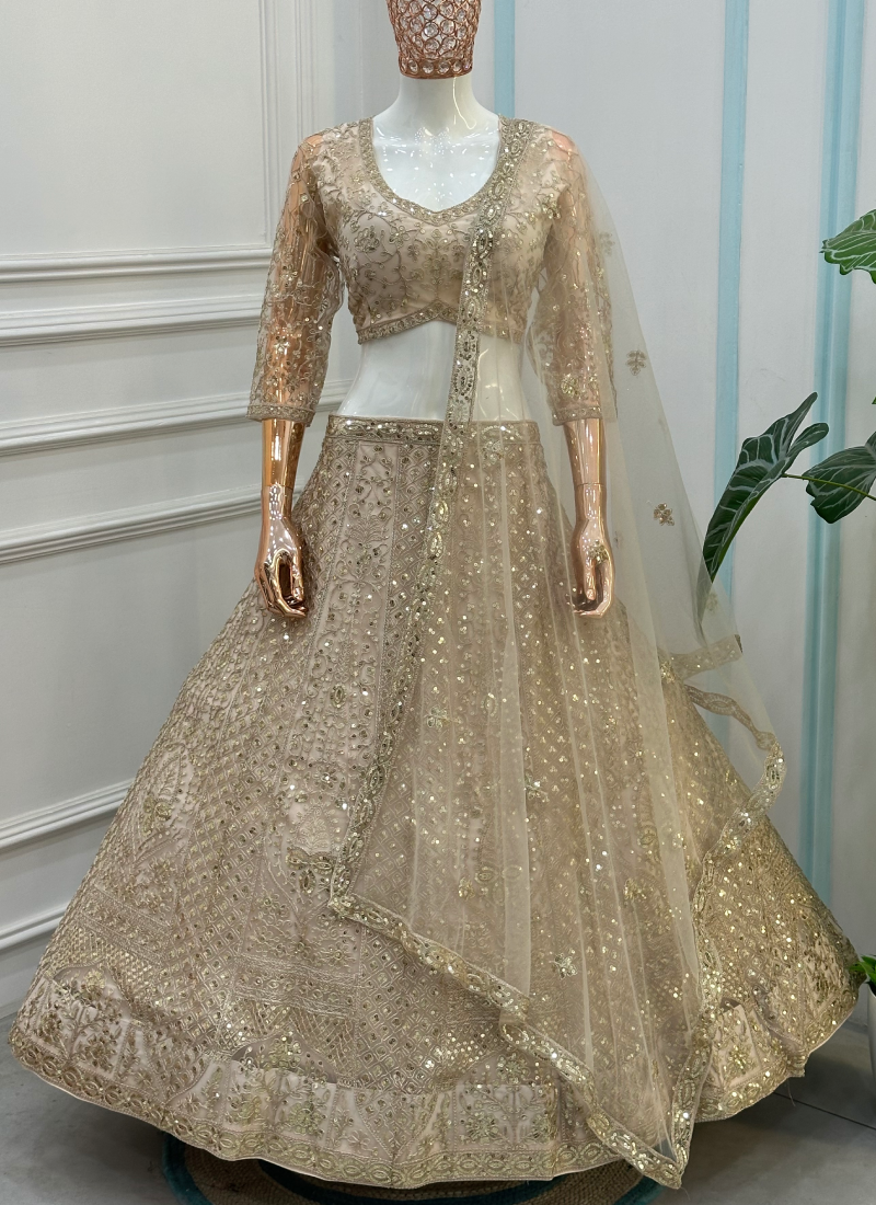 Designer Embroidery Sequence Beige Net Lehenga Choli For Function