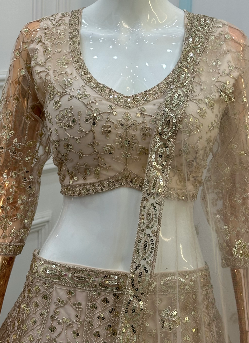 Designer Embroidery Sequence Beige Net Lehenga Choli For Function