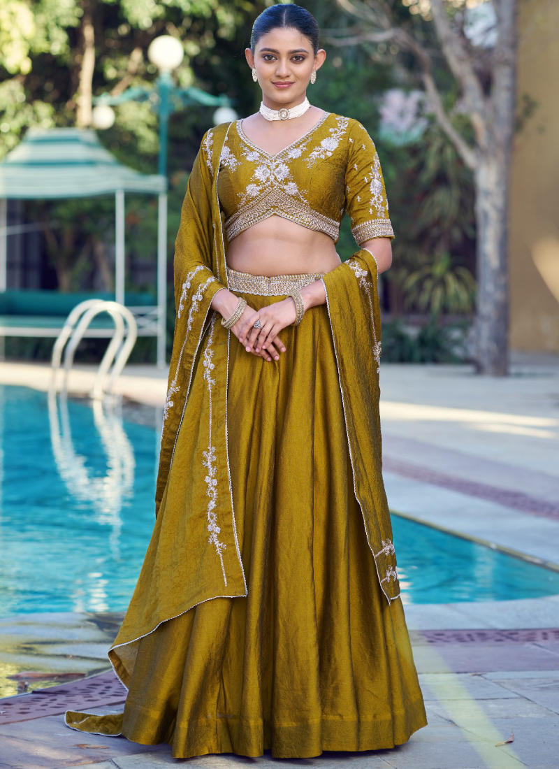 Designer Embroidery Sequence Mustard Yellow Rangoli Crush Lehenga Set