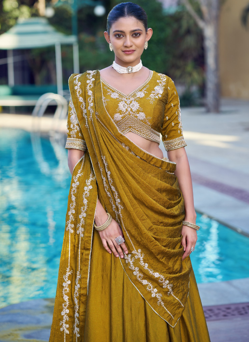 Designer Embroidery Sequence Mustard Yellow Rangoli Crush Lehenga Set