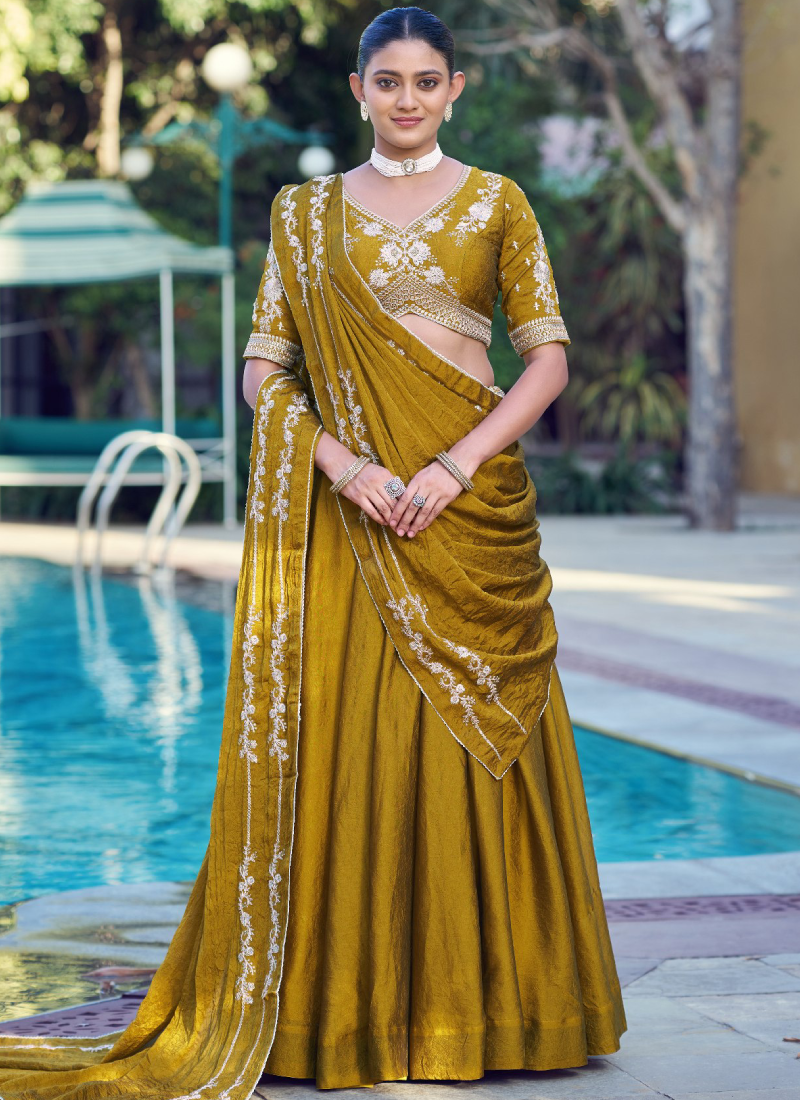 Designer Embroidery Sequence Mustard Yellow Rangoli Crush Lehenga Set