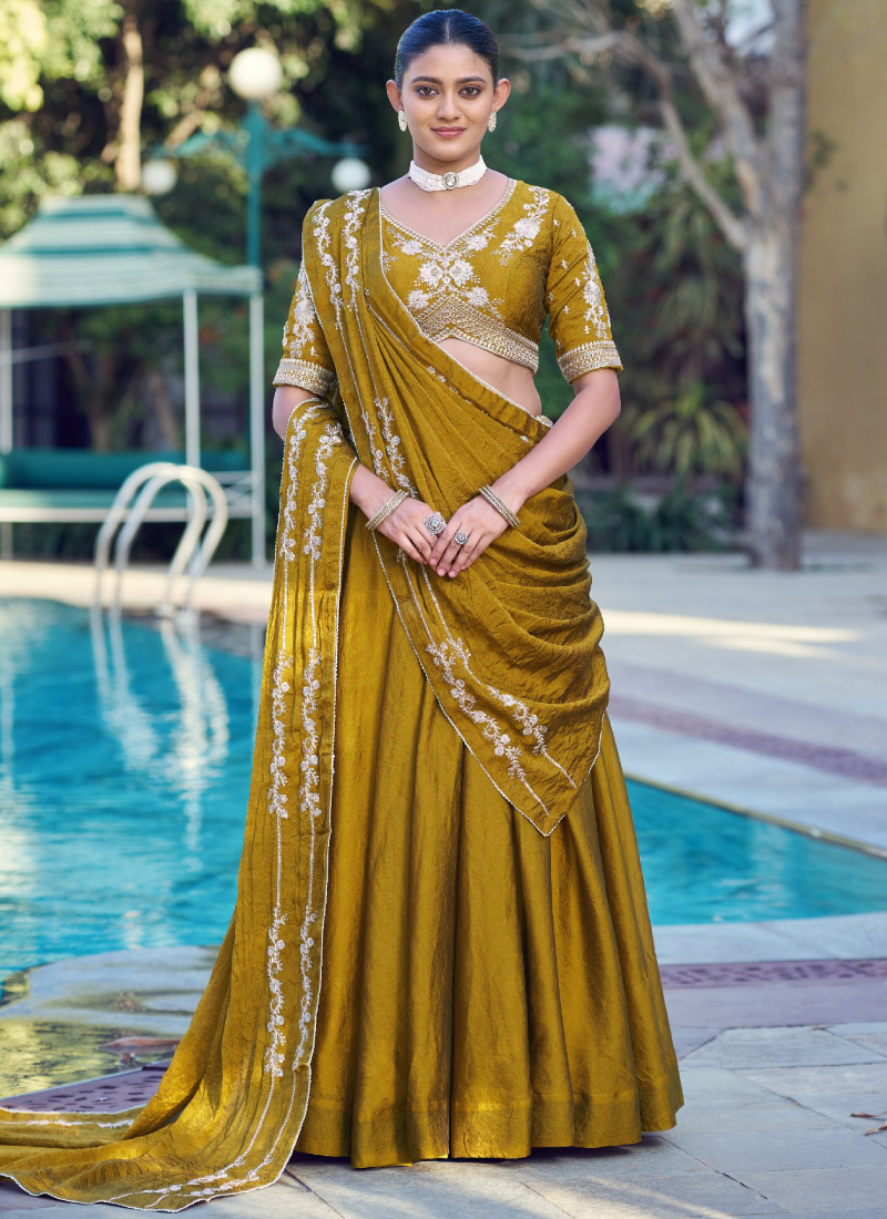 Designer Embroidery Sequence Mustard Yellow Rangoli Crush Lehenga Set