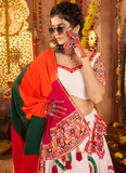 Designer Gamthi Real Mirror Work Viscose Cotton White Lehenga Choli