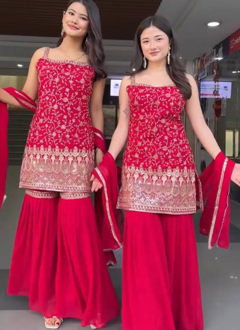 Designer Georgette Heavy Embroidered Rani Pink Sharara Suit