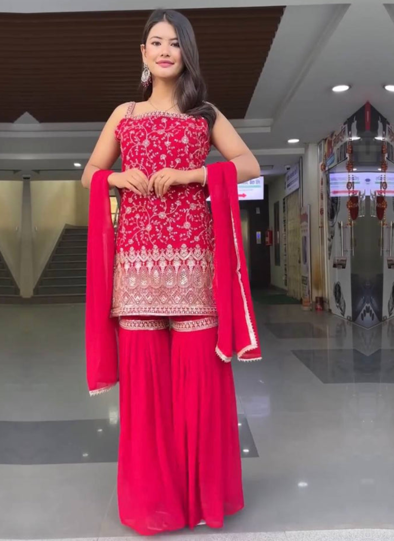 Designer Georgette Heavy Embroidered Rani Pink Sharara Suit
