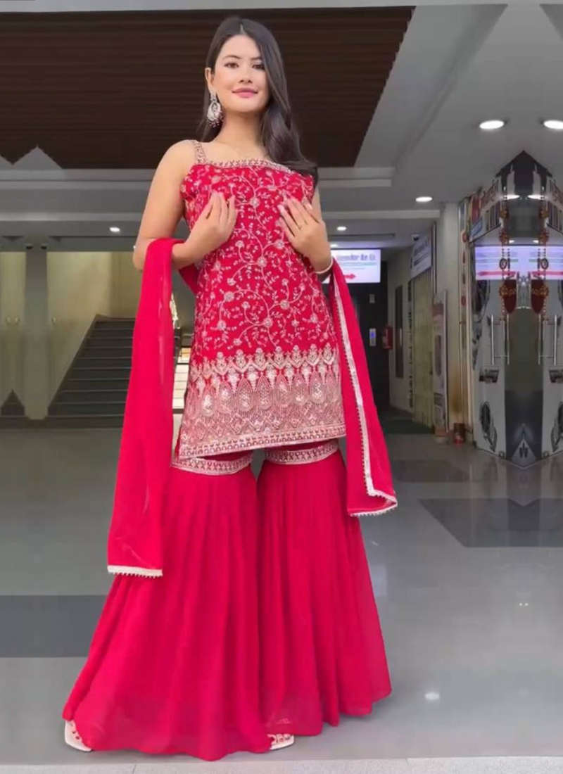 Designer Georgette Heavy Embroidered Rani Pink Sharara Suit