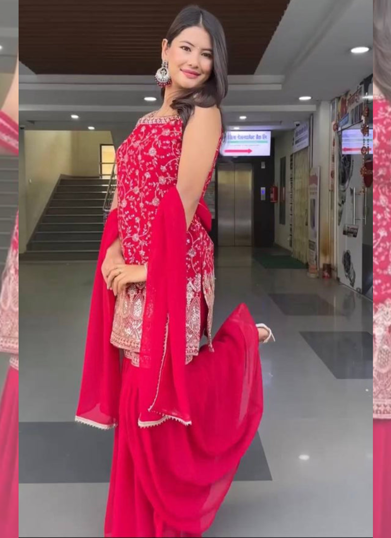 Designer Georgette Heavy Embroidered Rani Pink Sharara Suit