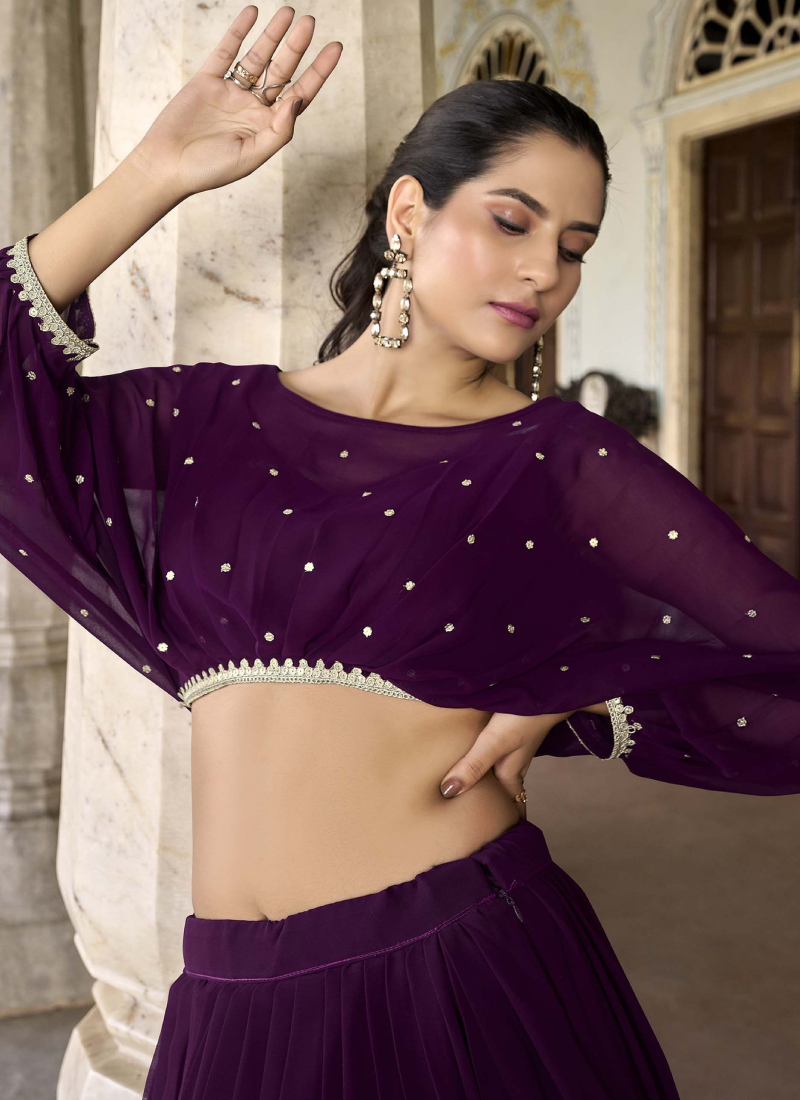 Designer Georgette Thread Embroidered Work Wine Crop Top Lehenga
