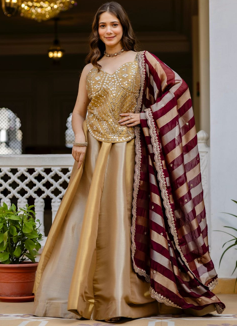 Designer Golden Real Mirror Work Corset Lehenga Choli For Dupatta