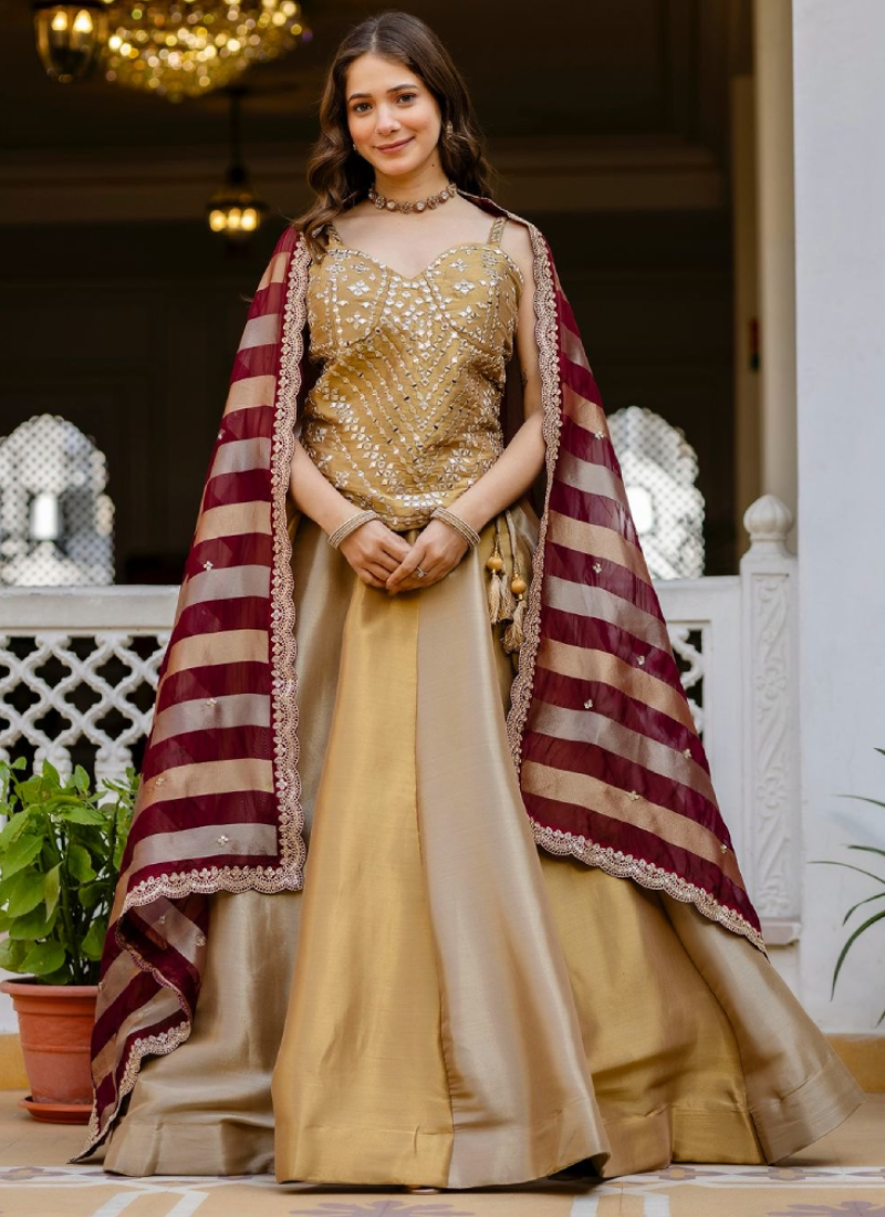 Designer Golden Real Mirror Work Corset Lehenga Choli For Dupatta